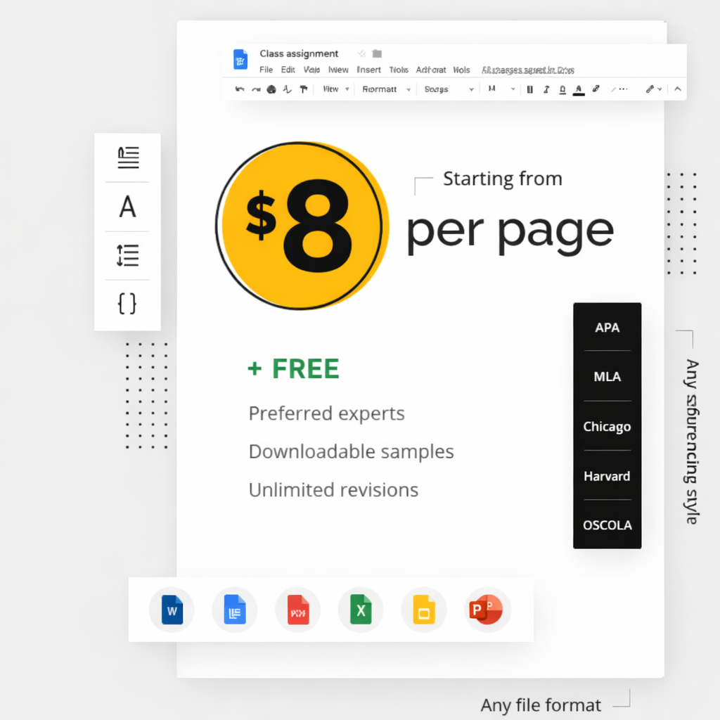 Pricing graphic showing “Starting from $8 per page” with free options and referencing styles