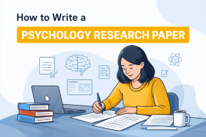Illustration of a student writing a psychology research paper at a desk with books, a laptop, and academic icons in the background.