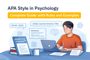 Illustration of a student working on an APA-style psychology paper at a desk with a laptop, reference list notes, and citation callouts.