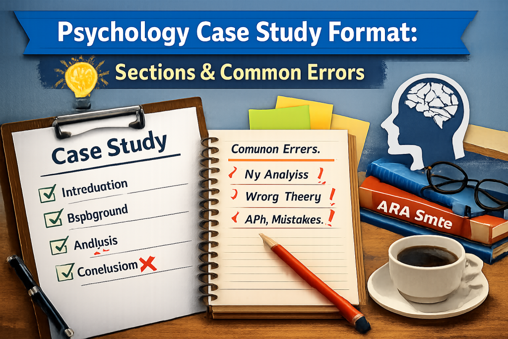 Illustration of a psychology case study checklist with key sections and common errors, featuring notebooks, books, and a head-and-brain icon on a desk.