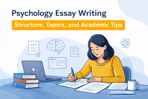 Illustration of a student writing a psychology essay at a desk with a laptop, books, and APA-related icons in the background.